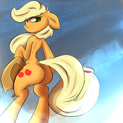 Size: 1280x1280 | Tagged: safe, artist:madacon, applejack, earth pony, pony, semi-anthro, g4, applebutt, back, bedroom eyes, bipedal, butt, cowboy hat, female, floppy ears, hat, hoof hold, looking back, mare, plot, smiling, solo, stetson