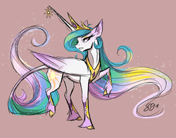 Size: 1280x1005 | Tagged: safe, artist:probablyfakeblonde, princess celestia, classical unicorn, g4, bedroom eyes, cloven hooves, colored hooves, ethereal mane, female, fluffy, gritted teeth, horn, horn jewelry, jewelry, leonine tail, long mane, looking at you, pink background, raised hoof, raised leg, simple background, solo, unshorn fetlocks