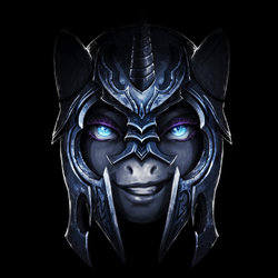 Size: 800x800 | Tagged: safe, artist:ziom05, nightmare moon, g4, armor, bedroom eyes, black background, eyelashes, female, grin, helmet, looking at you, portrait, simple background, smiling, smirk, solo
