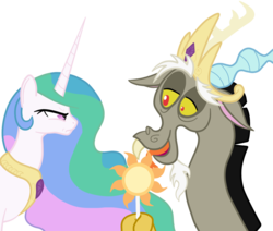 Size: 1000x846 | Tagged: safe, artist:licklesoxy, discord, princess celestia, g4, accessory theft, angry, celestia is not amused, cutie mark, discord being discord, lollipop, this will end in pain, this will end in petrification, varying degrees of amusement