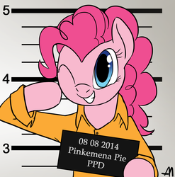 Size: 1321x1335 | Tagged: safe, artist:bananimationofficial, pinkie pie, g4, female, mugshot, prison outfit, prisoner pp, solo, wink