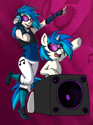 Size: 977x1316 | Tagged: safe, artist:collaredginger, dj pon-3, vinyl scratch, human, pony, unicorn, g4, clothes, female, fingerless gloves, fishnet stockings, gloves, headphones, human ponidox, humanized, mare, pointing, speaker