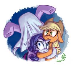 Size: 1200x1075 | Tagged: safe, artist:whitediamonds, applejack, rarity, twilight sparkle, earth pony, human, pony, unicorn, rarijack daily, g4, look before you sleep, fanart, female, floppy ears, freckles, frown, gritted teeth, hat, hug, hugging a pony, lesbian, mare, scared, scene interpretation, sheet, ship:rarijack, shipping, spooky, sweat, trio, tumblr, underhoof, unsure, wide eyes, worried