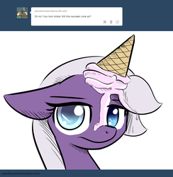 Size: 1279x1309 | Tagged: safe, artist:artguydis, oc, oc only, oc:disastral, pony, unicorn, ask disastral, broken horn, dropped ice cream, floppy ears, food, frown, horn, ice cream, ice cream cone, ice cream horn, looking at you, solo, unamused