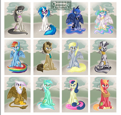 Size: 900x852 | Tagged: safe, artist:keyfeathers, big macintosh, bon bon, derpy hooves, dj pon-3, doctor whooves, gilda, lyra heartstrings, octavia melody, princess celestia, princess luna, rainbow dash, sweetie drops, time turner, vinyl scratch, zecora, earth pony, griffon, pegasus, pony, unicorn, zebra, g4, background six, female, male, mare, stallion