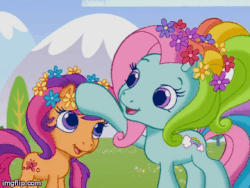 Size: 360x270 | Tagged: safe, screencap, rainbow dash (g3), scootaloo (g3), earth pony, pony, g3, g3.5, twinkle wish adventure, animated, cute, dreams do come true, duo, female, filly, floral head wreath, flower, flower in hair, g3 cutealoo, g3 dashabetes, imgflip, mare, scootalove