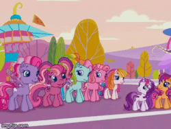 Size: 360x270 | Tagged: safe, screencap, cheerilee (g3), pinkie pie (g3), rainbow dash (g3), scootaloo (g3), starsong, sweetie belle (g3), toola-roola, earth pony, pegasus, pony, unicorn, g3, g3.5, twinkle wish adventure, animated, core seven, excited, female, giggling, imgflip, mare, race track