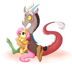 Size: 1067x1030 | Tagged: safe, artist:c-puff, discord, fluttershy, draconequus, pegasus, pony, g4, cute, discute, female, frown, holding, holding a pony, hug, male, mare, ship:discoshy, shipping, shyabetes, signature, simple background, sitting, straight, white background