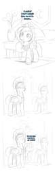 Size: 750x2320 | Tagged: safe, artist:ende26, princess luna, g4, comic, cute, filly, monochrome, royal guard, sketch, woona, woona knight