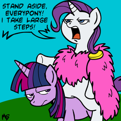 Size: 945x945 | Tagged: safe, artist:megasweet, rarity, trixie, twilight sparkle, pony, g4, a funny thing happened on the way to the forum, bipedal, colored, miles gloriosus, ponies riding ponies, rarity riding twilight, recolor, riding, twilight sparkle is not amused, unamused
