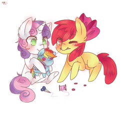 Size: 550x500 | Tagged: safe, artist:phasilicrenavon, apple bloom, rainbow dash, sweetie belle, g4, adorabloom, bow, buttons, cute, diasweetes, doll, duo, scissors, sewing, thread
