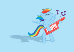 Size: 1600x1135 | Tagged: safe, rainbow dash, pegasus, pony, g4, bipedal, eyes closed, female, keytar, mare, music, music notes, musical instrument, performance, playing, simple background, solo