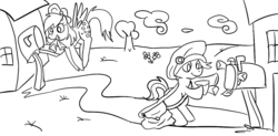 Size: 1193x586 | Tagged: safe, artist:ponygoggles, derpy hooves, scootaloo, pegasus, pony, g4, bag, female, hat, letter, mare, monochrome, mouth hold