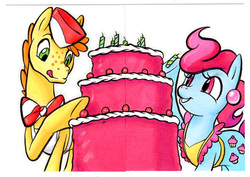 Size: 520x368 | Tagged: safe, artist:retrostarling, carrot cake, cup cake, earth pony, pony, g4, cake, candle