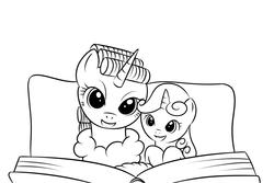 Size: 1500x1000 | Tagged: safe, artist:kloudmutt, rarity, sweetie belle, g4, book, hair curlers, monochrome, reading, sisters
