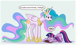 Size: 1012x600 | Tagged: safe, artist:captain-waterfire, artist:kiguren, princess celestia, twilight sparkle, alicorn, pony, unicorn, g4, :t, adorkable, book, celestia is not amused, crown, cute, dialogue, dork, duo, female, frown, glare, grumpy, hoof shoes, jewelry, looking down, make some friends, mare, no, open mouth, prone, regalia, twiabetes, twilight sparkle is not amused, unamused, unicorn twilight