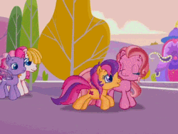 Size: 640x480 | Tagged: safe, screencap, pinkie pie (g3), scootaloo (g3), starsong, toola-roola, earth pony, pony, g3, g3.5, twinkle wish adventure, animated, fairy wings, female, gif, running, tree, wings
