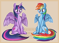 Size: 900x659 | Tagged: safe, artist:keyfeathers, rainbow dash, twilight sparkle, alicorn, pony, g4, female, mare, twilight sparkle (alicorn)