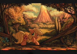 Size: 966x679 | Tagged: safe, artist:jowyb, applejack, g4, evening, female, fence, floppy ears, forest, hatless, letterboxing, missing accessory, mountain, scared, scenery, solo, younger