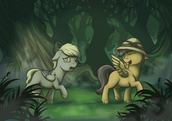 Size: 1200x840 | Tagged: dead source, safe, artist:28gooddays, daring do, derpy hooves, pegasus, pony, g4, blank flank, duo, female, filly, filly daring do, filly derpy, forest, hat, pith helmet, scared, walking, younger