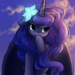Size: 1500x1500 | Tagged: safe, artist:katputze, princess luna, alicorn, pony, g4, aside glance, beautiful, bust, cloud, cloudy, covering, covering mouth, cute, female, floppy ears, flower, flower in hair, large wings, lidded eyes, lunabetes, mare, missing accessory, outdoors, raised hoof, raised leg, sitting, sky, smiling, solo, spread wings, stars, sunset, wavy mane, wings