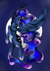 Size: 2100x3000 | Tagged: safe, artist:eateroflife, princess luna, alicorn, pony, g4, female, flying, full moon, high res, mare, moon, night, solo, spread wings, wings