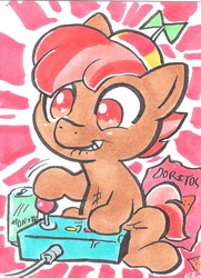 Size: 2976x4120 | Tagged: safe, artist:foximalfox, button mash, g4, controller, doritos, joystick, lip bite, male, monster energy, sitting, solo, traditional art, video game