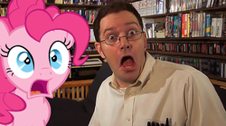 Size: 640x355 | Tagged: safe, artist:flawlesstea, edit, pinkie pie, earth pony, human, pony, g4, angry video game nerd, duo, female, irl, irl human, male, mare, photo