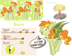 Size: 5600x4350 | Tagged: safe, artist:xebck, oc, oc only, oc:boom, bat pony, pony, absurd resolution, bat pony oc, dialogue, explosion, mushroom cloud, pun, reference sheet, simple background, solo, transparent background