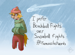 Size: 3216x2359 | Tagged: safe, artist:mysterimaan, oc, oc only, oc:beach ball, anthro, beach ball in winter, clothes, hashtag, high res, snow, snowball, winter