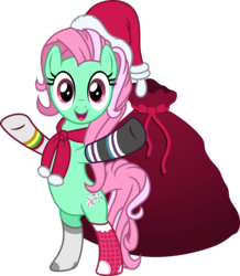 Size: 4000x4588 | Tagged: safe, artist:jeatz-axl, minty, pony, g3, g4, bag, bipedal, clothes, female, g3 to g4, generation leap, hat, open mouth, sack, santa hat, santa sack, scarf, simple background, smiling, socks, solo, transparent background, vector