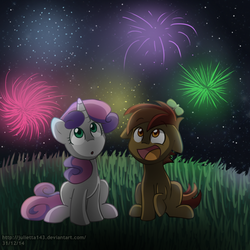 Size: 1000x1000 | Tagged: safe, artist:jayivee, button mash, sweetie belle, g4, buttonbetes, cute, cute as a button, diasweetes, female, fireworks, happy, looking up, male, night, ship:sweetiemash, shipping, sitting, straight