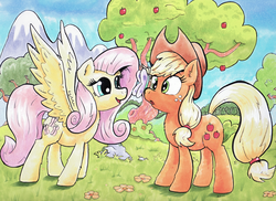 Size: 1024x745 | Tagged: safe, artist:kittyhawk-contrail, applejack, fluttershy, butterfly, earth pony, pegasus, pony, g4, butterfly on nose, duo, insect on nose, looking at something, spread wings, standing, traditional art, wings