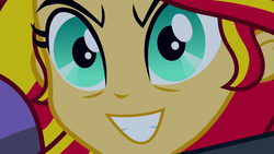 Size: 1920x1080 | Tagged: safe, edit, edited screencap, screencap, sunset shimmer, equestria girls, g4, my little pony equestria girls, faic, grin, inverted mouth