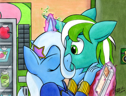Size: 1280x976 | Tagged: safe, artist:blazelupine, trixie, oc, oc:pickles, anthro, g4, canon x oc, clothes, equestria girls outfit, female, kissing, male, peanut butter crackers, shipping, stealing, straight, traditional art, trikles