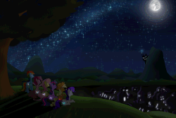 Size: 1200x800 | Tagged: safe, artist:flamevulture17, applejack, fluttershy, pinkie pie, rainbow dash, rarity, twilight sparkle, g4, animated, female, fireworks, glowing cutie mark, mane six, mare in the moon, moon, new year, ponyville