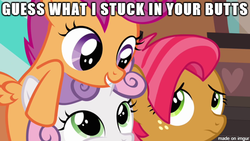 Size: 500x281 | Tagged: safe, edit, edited screencap, screencap, babs seed, scootaloo, sweetie belle, earth pony, pegasus, pony, unicorn, g4, caption, female, filly, image macro, implied anal insertion, implied foalcon, implied insertion, meme