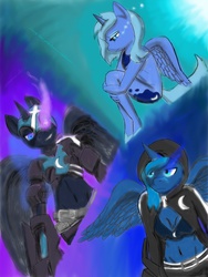 Size: 1536x2048 | Tagged: safe, artist:zachthehedgehog97-2, nightmare moon, princess luna, anthro, g4, anime, belly button, black rock shooter, cosplay, female, fire, insane black rock shooter, lunar trinity, midriff, s1 luna, text