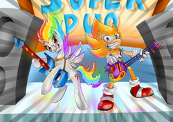 Size: 3507x2481 | Tagged: safe, artist:thegreatrouge, rainbow dash, g4, crossover, guitar, high res, male, sonic the hedgehog, sonic the hedgehog (series), super rainbow dash, super sonic