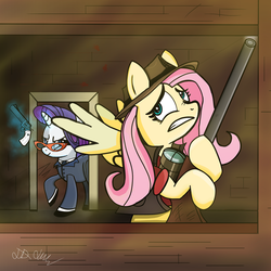 Size: 2046x2046 | Tagged: safe, artist:swordflash4, fluttershy, rarity, pegasus, pony, unicorn, g4, clothes, cowboy hat, female, glasses, glowing horn, gritted teeth, gun, handgun, hat, high res, hoof hold, hooves, horn, levitation, magic, mare, optical sight, raised hoof, revolver, rifle, sniper, sniper (tf2), sniper rifle, snipershy, spread wings, spy, spy (tf2), team fortress 2, teeth, telekinesis, weapon, wings