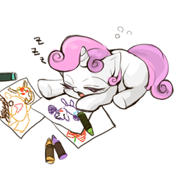 Size: 512x512 | Tagged: safe, artist:wan, rarity, sweetie belle, pony, unicorn, g4, blank flank, crayon, cute, diasweetes, drawing, eyes closed, female, filly, foal, lying down, prone, simple background, sleeping, solo, white background, zzz