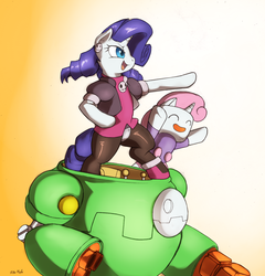 Size: 1349x1403 | Tagged: safe, artist:i am nude, rarity, sweetie belle, g4, capcom, clothes, crossover, gustaff, mega man (series), megaman legends, pantyhose, raritights, servbot, sweetie bot, tron bonne