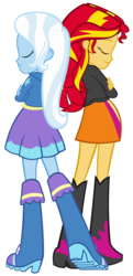 Size: 2422x5000 | Tagged: safe, artist:pinkiespartygirl, sunset shimmer, trixie, equestria girls, g4, boots, clothes, duo, jacket, shoes, simple background, skirt, transparent background, vector