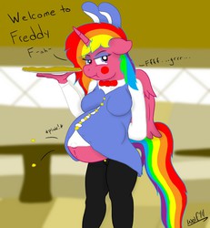 Size: 1182x1280 | Tagged: safe, artist:theimmortalwolf, oc, oc only, oc:rainbow melody, anthro, belly, big belly, clothes, five nights at freddy's, looking at you, pregnant, talking to viewer, uniform, wardrobe malfunction