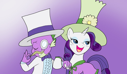 Size: 2550x1500 | Tagged: safe, artist:bico-kun, rarity, spike, g4, cane, clothes, dress, female, frilly, hat, male, monocle, moustache, ship:sparity, shipping, straight, top hat, tuxedo