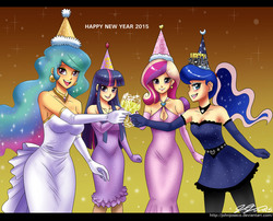 Size: 1500x1210 | Tagged: safe, artist:johnjoseco, princess cadance, princess celestia, princess luna, twilight sparkle, human, 2015, alcohol, alicorn tetrarchy, beautiful, breasts, busty princess cadance, busty princess celestia, busty princess luna, busty twilight sparkle, champagne, clothes, dress, evening gloves, female, happy new year, humanized, looking at you, new year, open mouth, pantyhose, party, ponytail, strapless, twilight sparkle (alicorn), wine