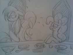 Size: 600x450 | Tagged: safe, artist:zigragirl, fluttershy, pinkie pie, oc, oc:nightsky, earth pony, pegasus, pony, snail, g4, angry, bowl, chair, crying, cup, dinner, eating, female, floppy ears, irc, male, mare, monochrome, pencil drawing, plate, spoon, stallion, table, traditional art