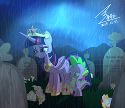 Size: 1100x951 | Tagged: safe, artist:bluse, spike, twilight sparkle, alicorn, dragon, pony, g4, crying, engrish, female, grave, immortality blues, implied death, mare, rain, sad, show accurate, twilight sparkle (alicorn), twilight will outlive her friends