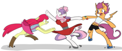 Size: 4623x1938 | Tagged: safe, artist:mokychan, apple bloom, scootaloo, sweetie belle, semi-anthro, g4, blushing, boots, clothes, cutie mark crusaders, dancing, dress, high heel boots, midriff, older, shoes, shorts, skirt, teenager