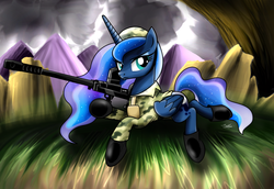 Size: 2300x1581 | Tagged: safe, artist:pinkrose2001, princess luna, g4, boots, clothes, female, gun, prone, rifle, solo, uniform, weapon